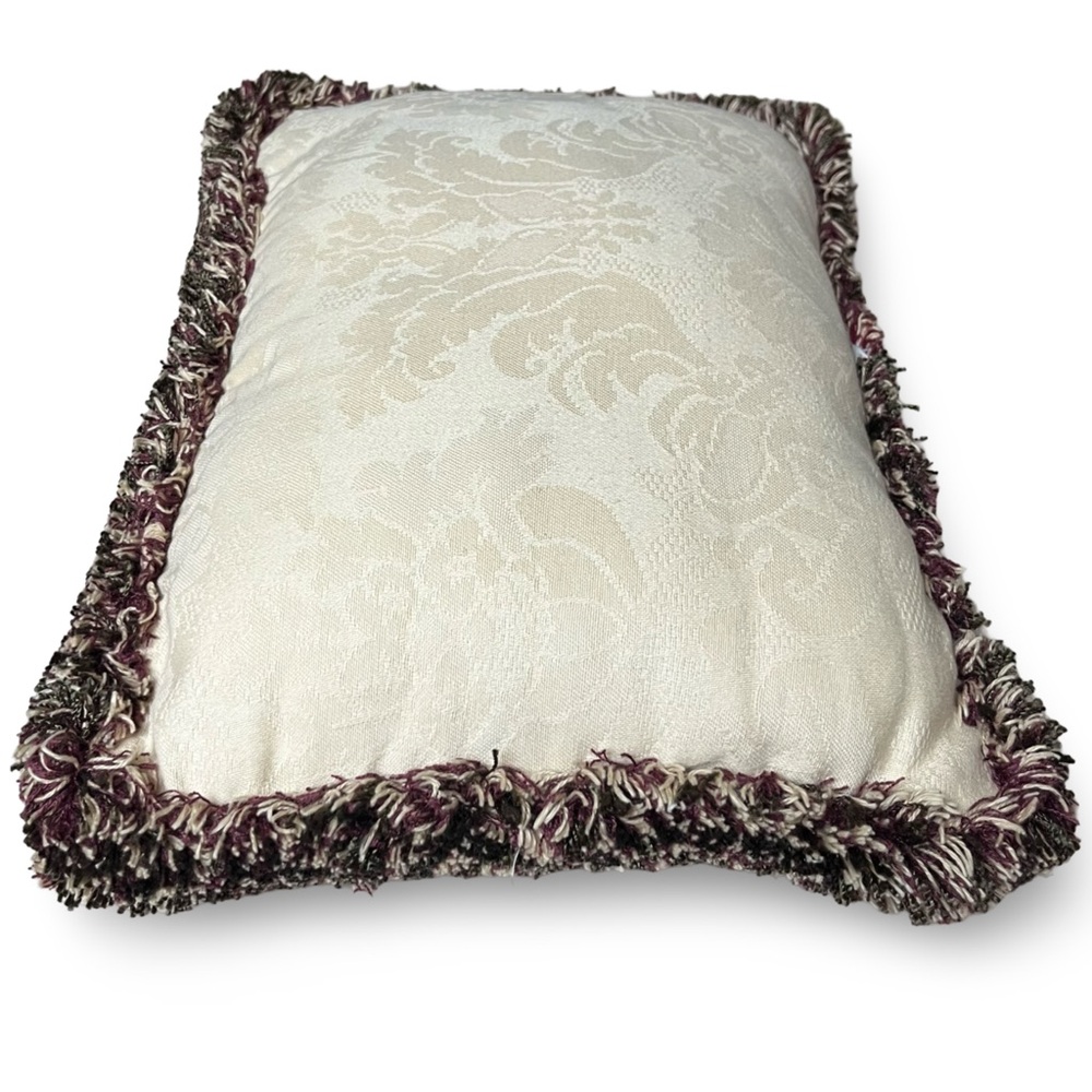 Vintage Floral Lumbar Throw Pillow with Fringe and Damask Backside - Picture 3 of 3
